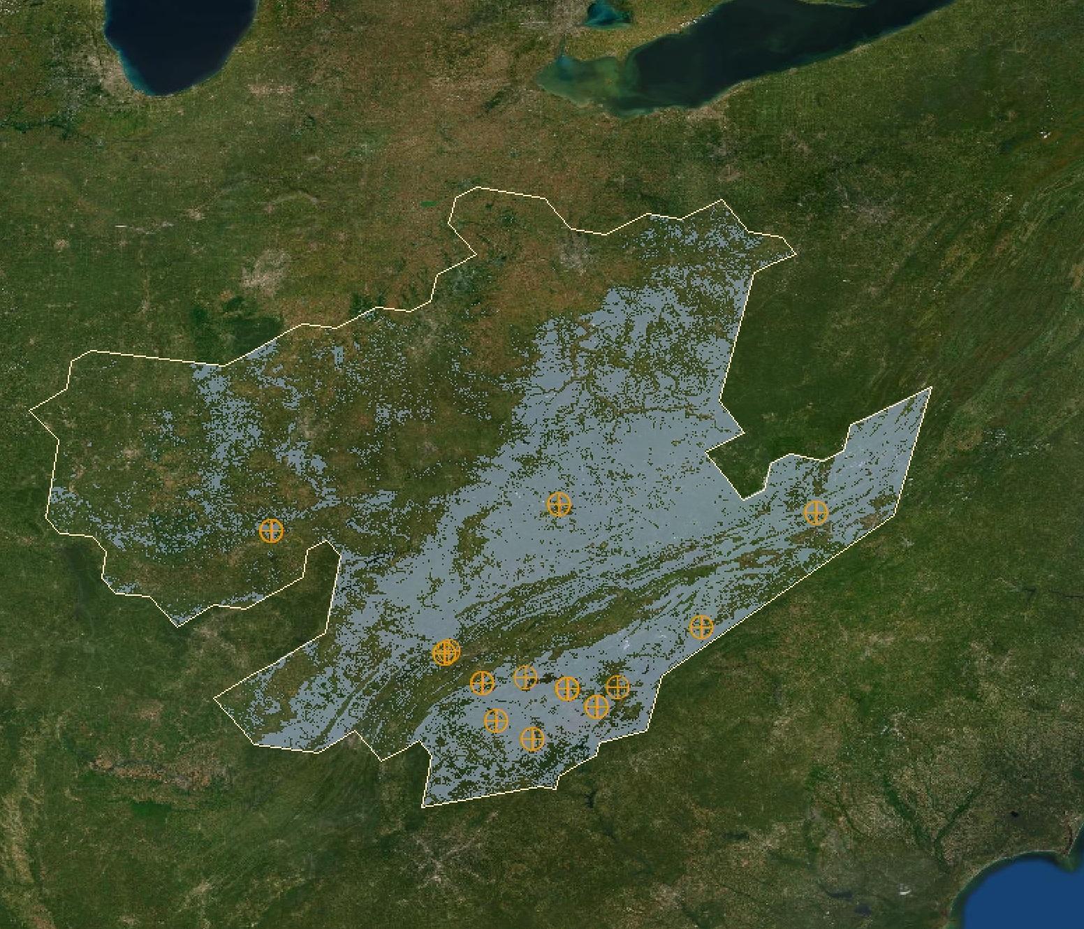 Study area for forest land cover in the NEON domain Appalachians_Cumberland Plateau. Raster mask represents pixels with forest land cover. Orange points represent locations of PhenoCams.