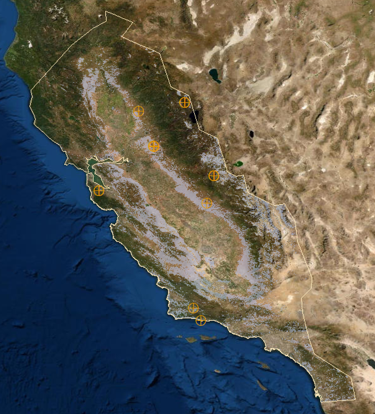 Study area for grassland land cover in the NEON domain Pacific Southwest. Raster mask represents pixels with grassland land cover. Orange points represent locations of PhenoCams.
